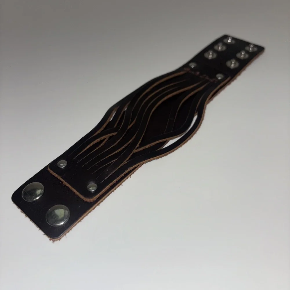 Mens Dark Brown Leather Cuff Bracelet Wide Multi Strand Adjustable Snap Wrap
